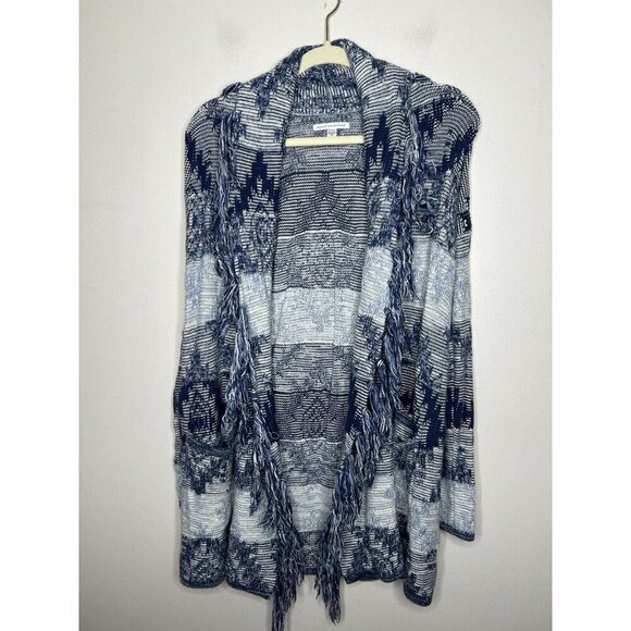 American Eagle Cotton Blue & White Open Fringe Cardigan Sweater Women's Small - Picture 2 of 10